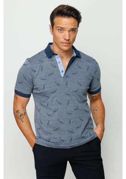 Erkek Polo Yaka Tüy Desenli T-Shirt Füme