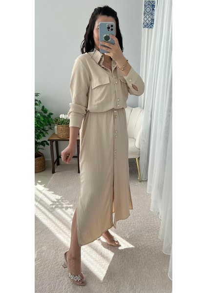 GOLD DÜĞME DETAYLI KUŞAKLI UZUN KREM ELBİSE modelleri
