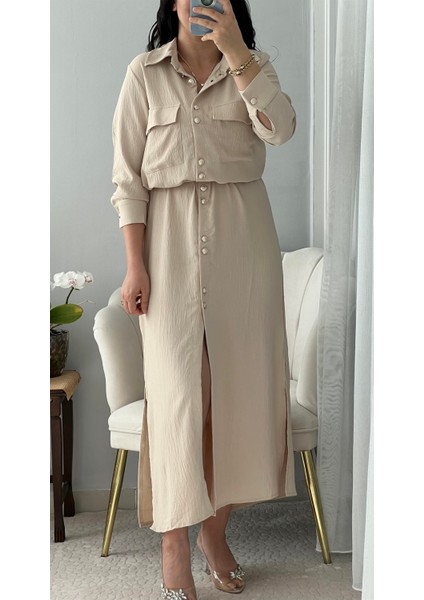 GOLD DÜĞME DETAYLI KUŞAKLI UZUN KREM ELBİSE fırsatları