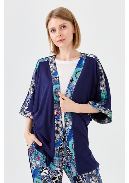Kadın Karışık Desenli Yarasa Kol Penye Ceket Lacivert fiyatları