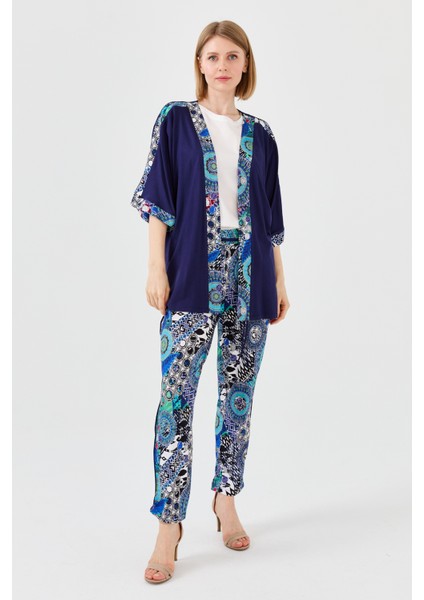 Kadın Karışık Desenli Yarasa Kol Penye Ceket Lacivert modelleri