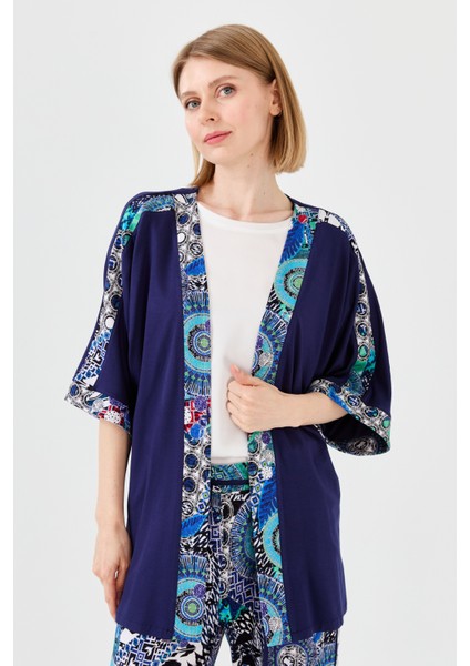 Kadın Karışık Desenli Yarasa Kol Penye Ceket Lacivert indirimleri