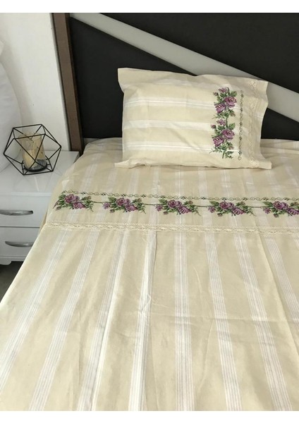 Kaneviçe Nevresim Takımı El Işlemeli Tek Kişilik (Mor)