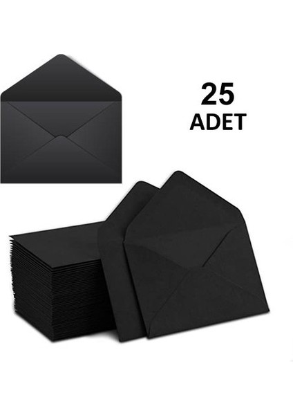 25 Adet, Mini Zarf, 7x9 Cm, Siyah Renk Zarf, Kartvizit Not Zarfı