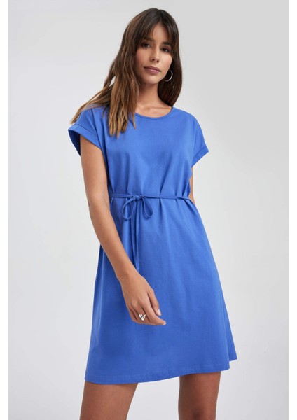 A Kesim Bisiklet Yaka Mini Kısa Kollu %100 Pamuk Elbise T8057AZ23SM