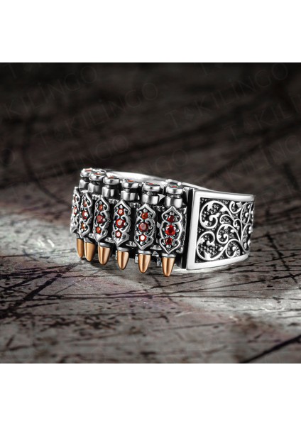 925 Ayar Gümüş Kurşun Motifli Mikro Taş Desenli Usta Işi Erkek Yüzük