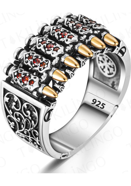 925 Ayar Gümüş Kurşun Motifli Mikro Taş Desenli Usta Işi Erkek Yüzük fiyatları