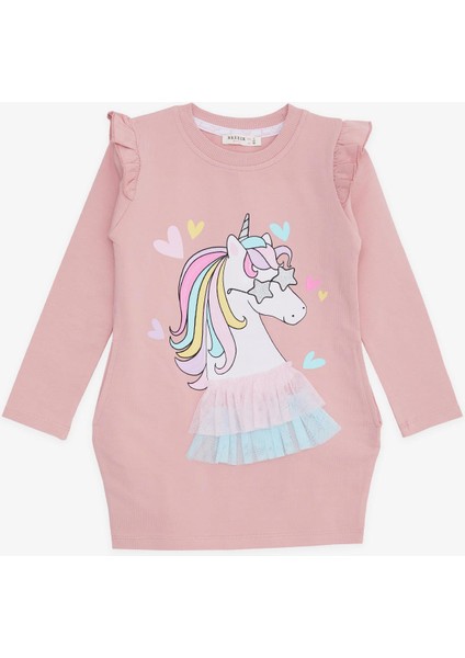 Kız Çocuk Uzun Kollu Elbise Unicorn Baskılı 1.5-5 Yaş, Gülkurusu