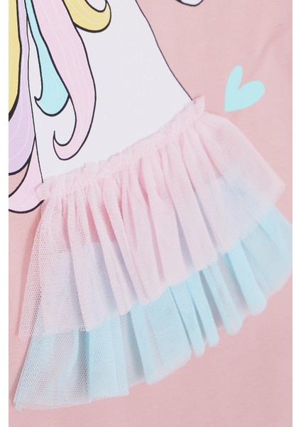 Kız Çocuk Uzun Kollu Elbise Unicorn Baskılı 1.5-5 Yaş, Gülkurusu