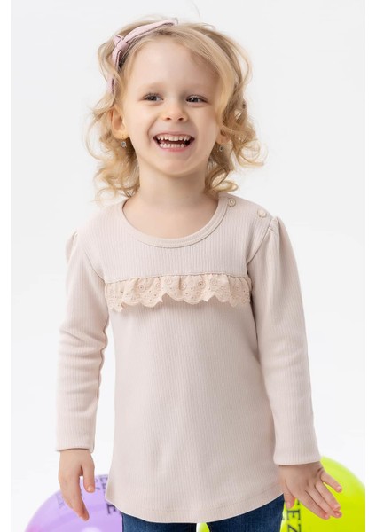 Kız Çocuk Uzun Kollu Tişört Güpürlü 1-4 Yaş, Bej