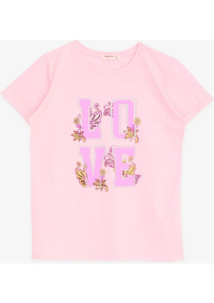 Kız Çocuk Tişört Simli Yazı Çiçek Baskılı 10-16 Yaş, Neon Pembe