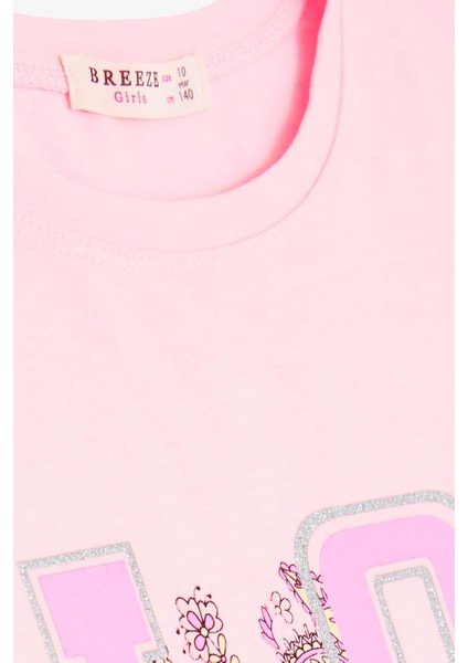 Kız Çocuk Tişört Simli Yazı Çiçek Baskılı 10-16 Yaş, Neon Pembe modelleri