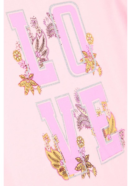 Kız Çocuk Tişört Simli Yazı Çiçek Baskılı 10-16 Yaş, Neon Pembe fırsatları