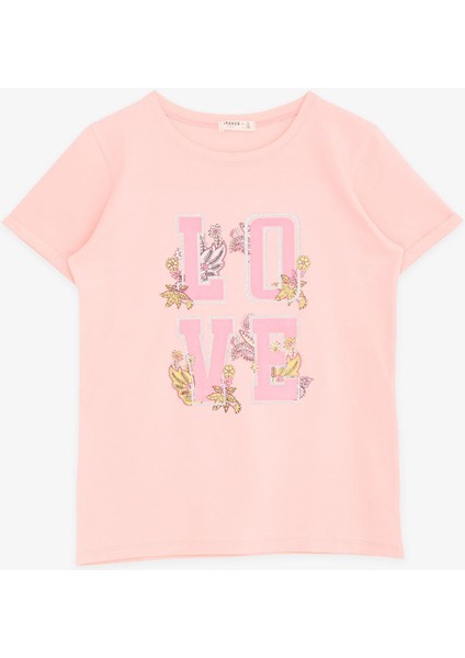 Kız Çocuk Tişört Simli Yazı Çiçek Baskılı 10-16 Yaş, Somon