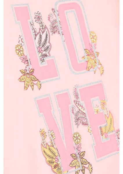 Kız Çocuk Tişört Simli Yazı Çiçek Baskılı 10-16 Yaş, Somon fırsatları