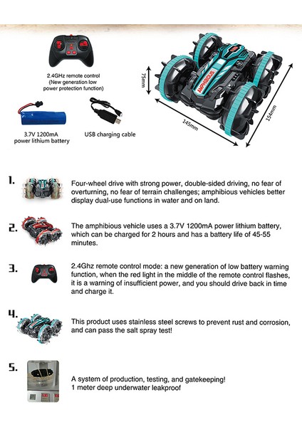 2.4g Amfibi Dublör Uzaktan Kumandalı Araba Çift Taraflı Haddeleme Sürüş Çocuk Elektrikli Oyuncaklar (Yurt Dışından)
