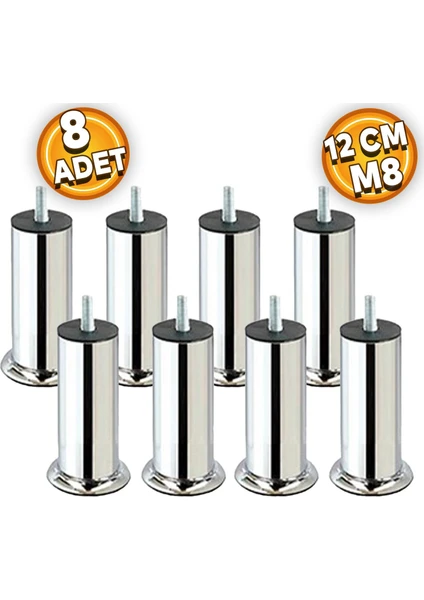 Baza Koltuk Kanepe Mobilya Yatak Çekyat Ayağı Ince Diş Metrik 8 Mm Krom Metal Ayakları 12 Cm 8 Adet