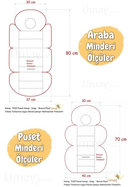 4 Parça - Puset Örtüsü, Bel Destekli Bebek Arabası Minderi, Puset Minderi, Puset Çarşafı - Tutmalı