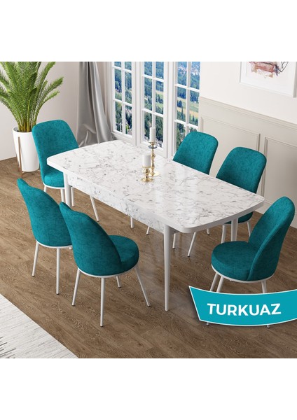 Concept Zen Serisi Açılabilir Beyaz Mermer Desen Mdf 80X132 Mutfak Masası Takımı 6 Sandalye