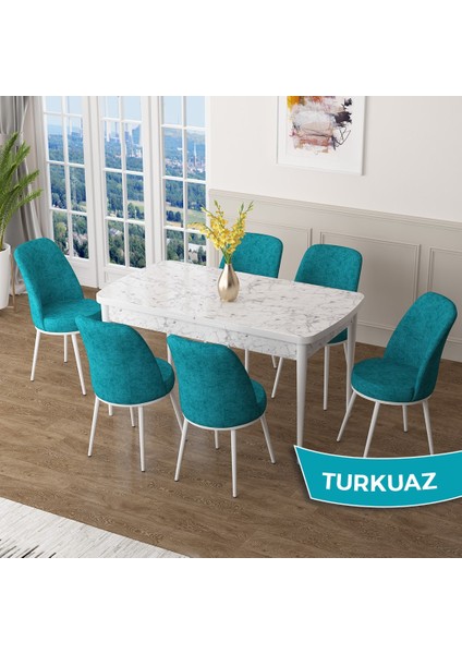 Concept Zen Serisi Açılabilir Beyaz Mermer Desen Mdf 80X132 Mutfak Masası Takımı 6 Sandalye