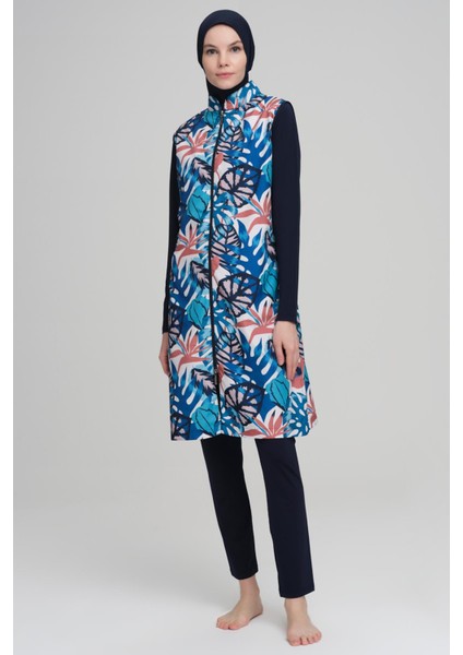 Renkli Yaprak Desen Lacivert Jileli 3 Parça Tesettür Mayo Takımı 2218