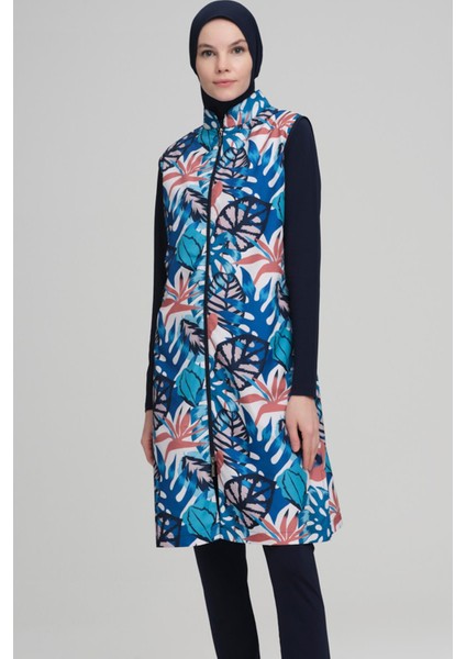 Renkli Yaprak Desen Lacivert Jileli 3 Parça Tesettür Mayo Takımı 2218 fiyatları