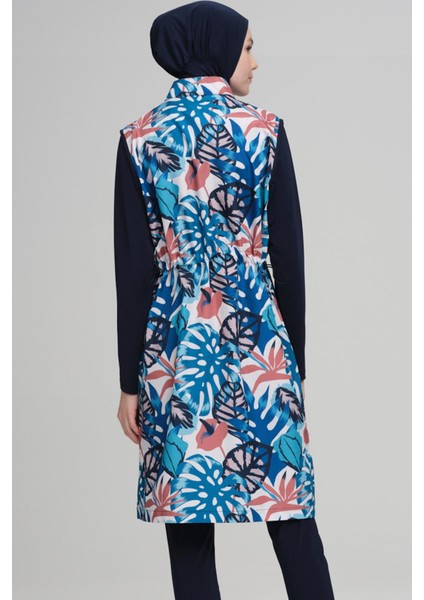 Renkli Yaprak Desen Lacivert Jileli 3 Parça Tesettür Mayo Takımı 2218 modelleri