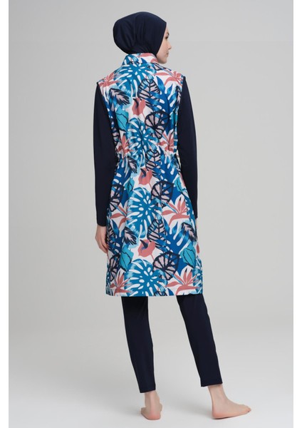 Renkli Yaprak Desen Lacivert Jileli 3 Parça Tesettür Mayo Takımı 2218 fırsatları