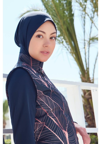 Yaprak Desenli Lacivert Tam Tesettür Mayo Kadınlar İçin Su İtici Özellikte
