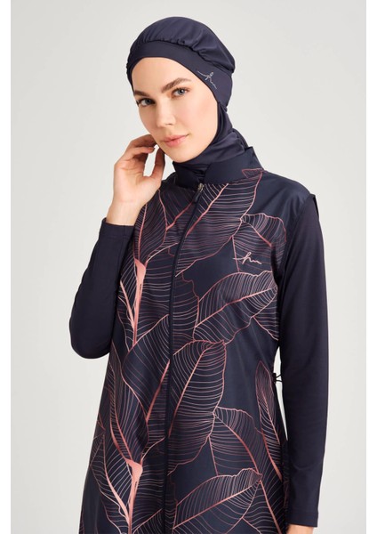 Yaprak Desenli Lacivert Tam Tesettür Mayo Kadınlar İçin Su İtici Özellikte indirimleri