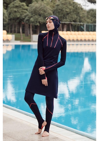 Performans Serisi Ayak Bant Detaylı Lacivert Likralı 4 Parça Tesettür Mayo Takımı H-Per 30