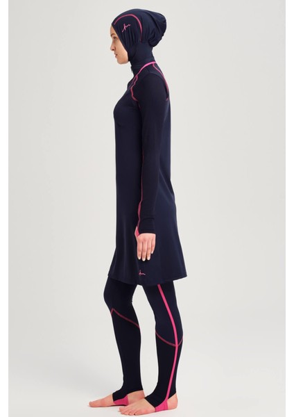 Performans Serisi Ayak Bant Detaylı Lacivert Likralı 4 Parça Tesettür Mayo Takımı H-Per 30 indirimleri