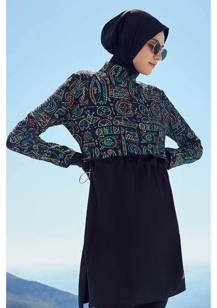 Esila Tatil Tema Desenli Jileli Tam Tesettür Mayo Üstü