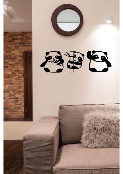 3 Parça Panda Ahşap Tablo Duvar Oda Ev Aksesuarı 100X30CM