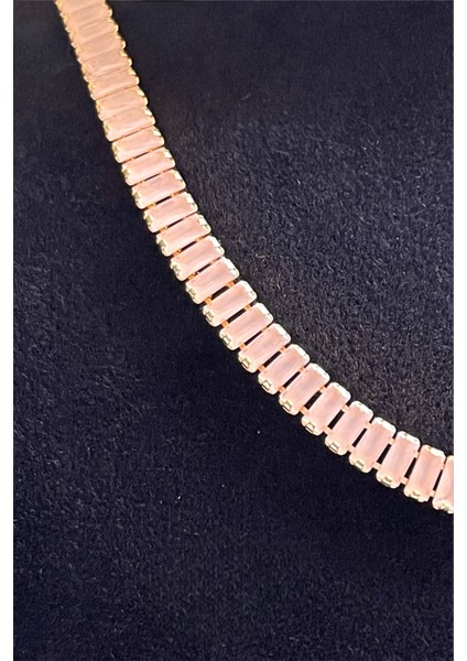 Opak Pembe Zirkon Taşlı Baget Model Su Yolu Gold Kolye