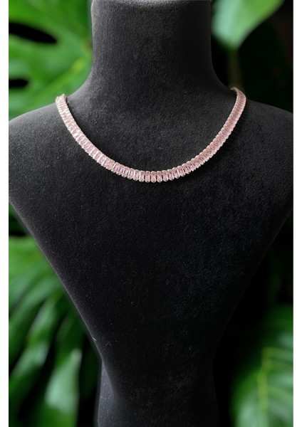 Pembe Zirkon Taşlı Baget Model Su Yolu Silver Kolye