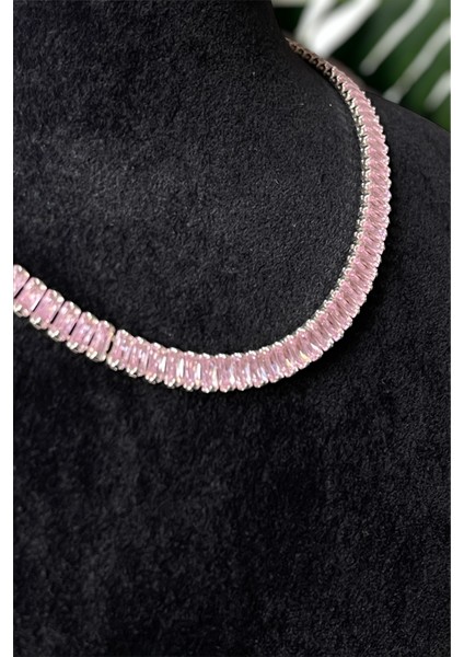 Pembe Zirkon Taşlı Baget Model Su Yolu Silver Kolye