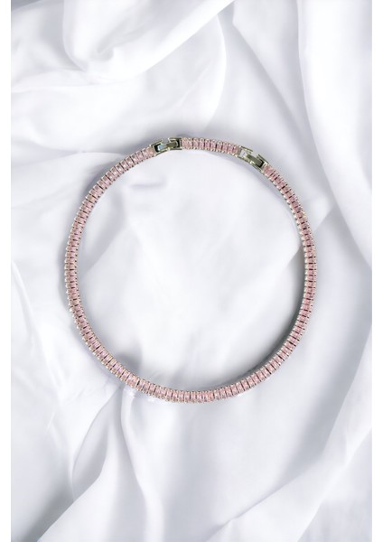 Pembe Zirkon Taşlı Baget Model Su Yolu Silver Kolye