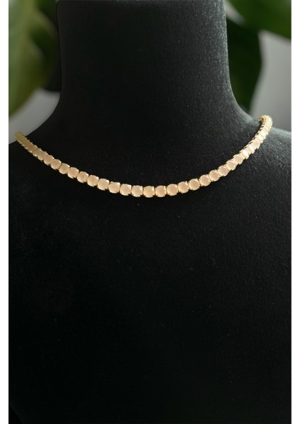 Opak Pembe Zirkon Taşlı Yuvarlak Model Su Yolu Gold Kolye
