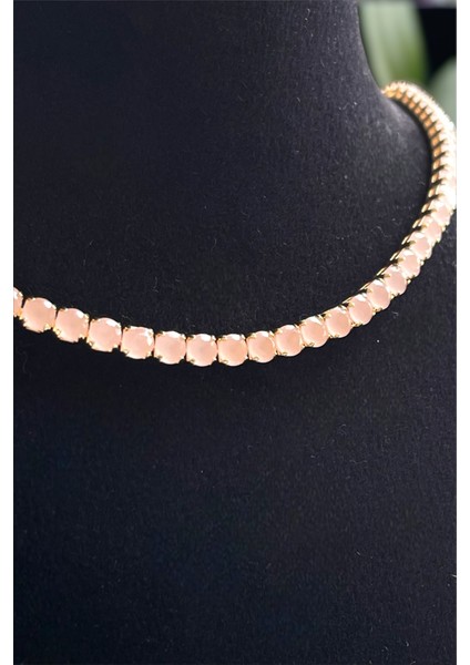 Opak Pembe Zirkon Taşlı Yuvarlak Model Su Yolu Gold Kolye