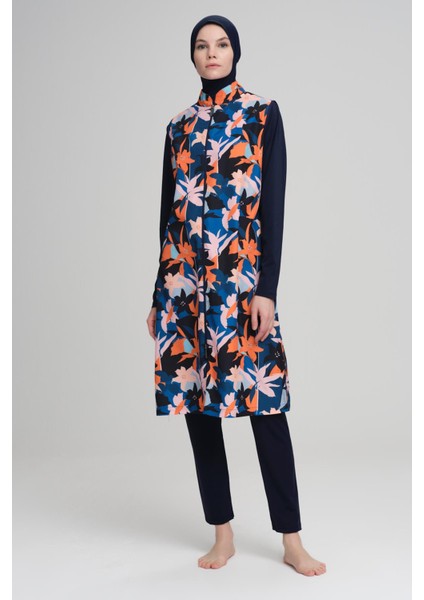 Turuncu Yaprak Desen Lacivert Jileli 3 Parça Tesettür Mayo Takımı 2215