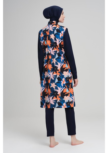 Turuncu Yaprak Desen Lacivert Jileli 3 Parça Tesettür Mayo Takımı 2215 fiyatları