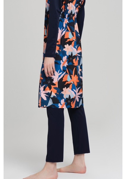 Turuncu Yaprak Desen Lacivert Jileli 3 Parça Tesettür Mayo Takımı 2215 fırsatları