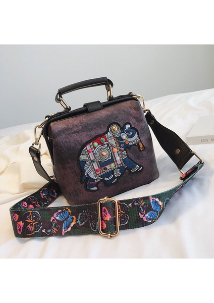 Vintage Nakış Fil Çantası Geniş Kelebek Kayış Pu Deri Bayanlar Omuz Messenger Çantası (Yurt Dışından)