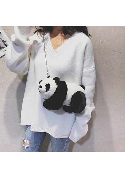 Bayanlar Küçük Çanta Sevimli Panda Çanta Peluş Yumuşak Cüzdan Messenger Çanta Zinciri Kayış Omuz Çantası (Yurt Dışından)
