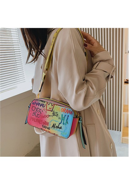 Mektup Graffiti Pu Deri Küçük Messenger Çanta Bayanlar Moda Omuz Çantası (Yurt Dışından)