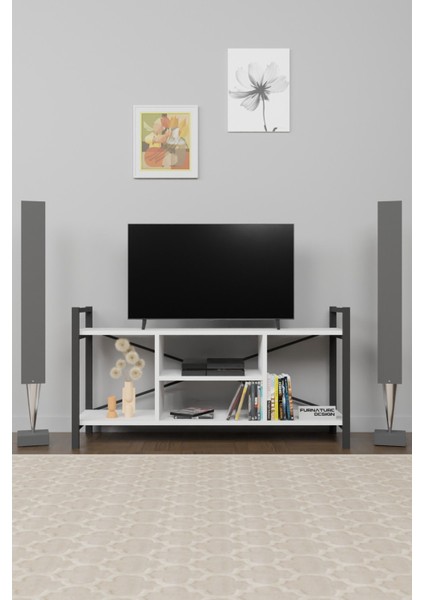 Tv Ünitesi Raflı Metal Ayaklı Tv Sehpası Beyaz