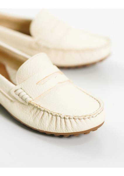 Hakiki Deri 202-BJ Oval Burunlu Kadın Bej Babet & Loafer Ayakkabı
