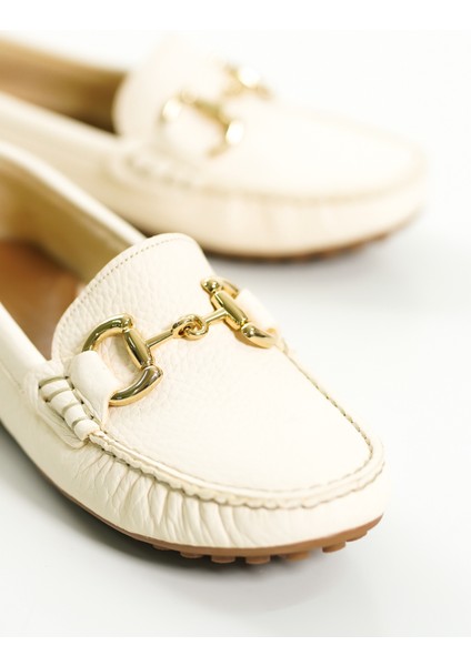 Hakiki Deri 203-BJ Oval Burunlu Toka Detay Kadın Bej Babet & Loafer Ayakkabı