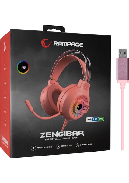 RM-K44 Zengıbar Pembe 7.1 Surround Rgb Işık Efekti Mikrofonlu Oyuncu Kulaklığı